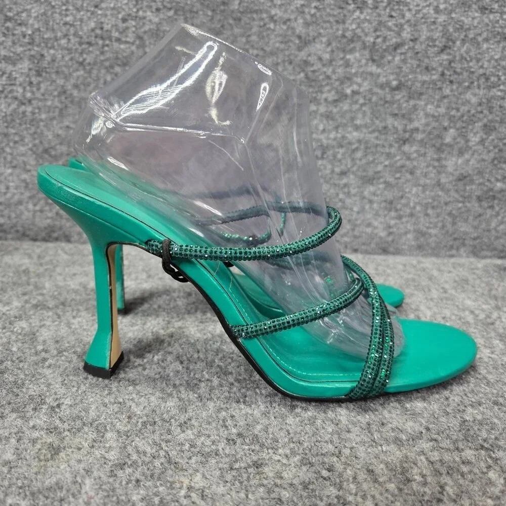 ZARA‎ Green Ankle Rhinestone Open Toe Stiletto Heels Sandals Satin EUR 41 US 10